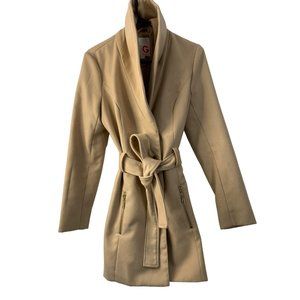 G by Guess Medium Beige Belted Single Breast Overcoat Shawl Collar EUC 6184